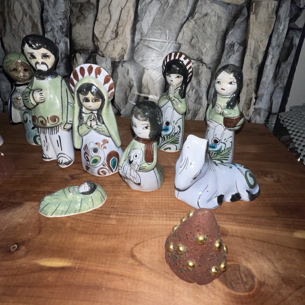 Vintage Mexican Nativity Set Figurines Pottery Blue Grey Hand Painted Set of 15